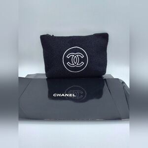 CHANEL Black Velour Cosmetic Pouch Snowflake Zipper Pull NIB